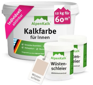 AlpenKalk Wüstenschleier Kalkfarbe für Innenräume I 12 kg inkl. 2 Dosen Pigmente für ca. 65m² I Atmungsaktiv & Anti-Schimmel Formel für ein natürliches Raumklima I Für Allergiker & Kinder