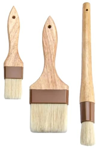 UKCOCO Lot de 3 Pinceaux à Pâtisserie pour Barbecue, Brosse à Badigeonner en Poils Naturels, Manche en Bois de Hêtre, Tailles Moyenne, Très Grosse et Ronde, Cuisine et Cuisson en Plein