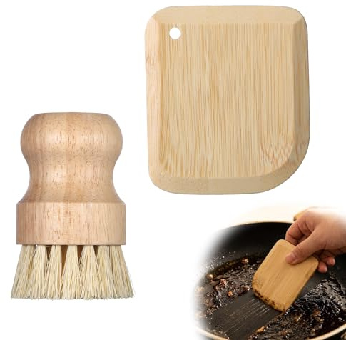 Paquete de 2 cepillos de bambú para fregar platos con raspador de sartén de bambú, raspador de ollas, raspadores de platos, herramientas de limpieza de cocina para sartenes de hierro fundido