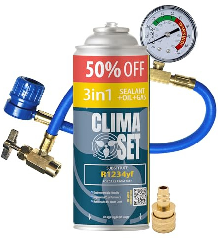 ClimaSet - Recarga de Aire Acondicionado 3 en 1 R 1234yf, Aceite, sellador de Fugas XL, Manguera y Adaptador - Kit de Recarga de Gas para Aire Acondicionado para Automóviles - 235 g