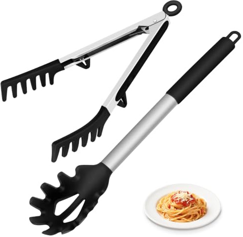 Tazoueoo Silicone Spaghetti Spoon Server and Pasta Tongs Set, 13.4 Inch | Extra Long Handle Pasta Fork for Deep Pots - Precise Grip Noodle Spoon for Spaghetti & Salad - Heavy Duty Pasta Utensil