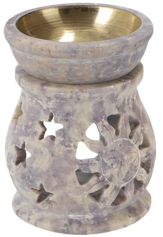 Indische Duftlampe, ätherischer Öl Diffusor, Rund Sonne & Sterne | Handgearbeitet aus Speckstein, filigrane Ornamente, abnehmbare Schale, für Aromatherapie, einzigartiges Design
