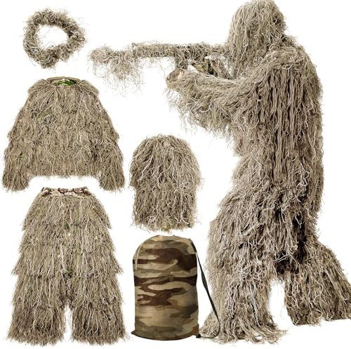 MOPHOTO 5 in 1 Desert Ghillie Suit for Men, 3D Camouflage Hunting Apparel Including Jacket, Pants, Hood, Rifle Wrap, Carry Bag (M/L/XL/XXL)