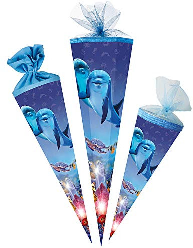 Schultüte - Delfin - Fische Unterwasser - 22-85 cm - Größe wählbar - 6 eckig - Tüllabschluß - Zuckertüte - mit/ohne Kunststoff Spitze - Nestler - Jungen M..