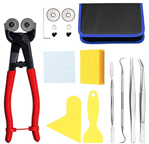 SPEEDWOX 17PCS Mosaic Tools for Crafts Heavy Duty Mosaic Wheeled Glass Nipper with Replacement Cutting Wheel Scrapers Tweezers Double-Ended Hook Spatula Sponge Cleaning Cloth Leather Zipper Bag