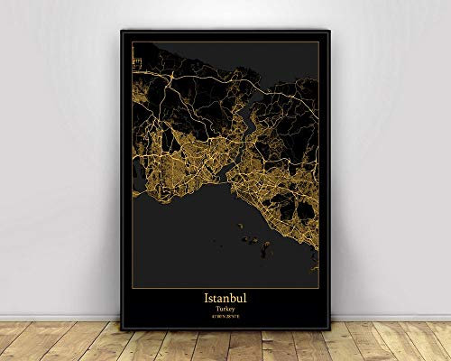 Leinwand Bild, Istanbul Türkei Schwarz & Gold Stadtlicht Karten Benutzerdefinierte Weltstadtplakate Poster Leinwanddrucke Wandkunst im nordischen Stil Wohnkultur,30X45CM
