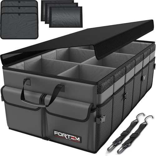 FORTEM Kofferraum Organizer Auto -Zusammenklappbarer Auto Organizer Kofferraum Mit Fächern- Kofferraumtasche Klett mit Rutschfestem Boden -Verstellbare Sicherungsriemen- Klappbarer Deckel (85L)