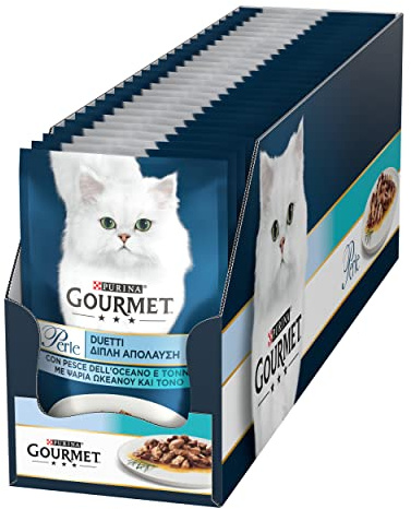 GOURMET Perle Duetti Cibo Umido per Gatti Adulti Filettini in salsa con Pesce Dell'Oceano e Tonno 26 Buste da 85g