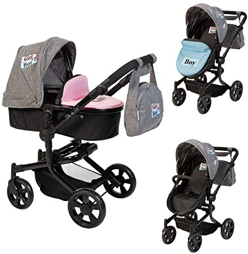 ELLA & PIET® Puppenwagen MOOVE4 mit Wickeltasche 2in1 Girl und Boy (Schwarz-Grau)