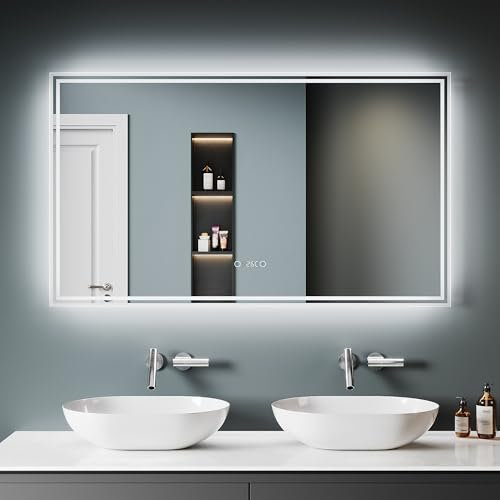 SONNI Badspiegel mit Beleuchtung 120x70 cm, 3 einstellbare Lichtfarben, Anti-Beschlag LED Badezimmerspiegel, LED Spiegel mit 5.0 Bluetooth und Uhr zeig, Wandspiegel mit 2 Touchschalter