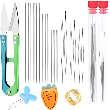 SUVSOON 29 Pcs Beading Needles Set, 19 Pcs Big Eye Needles & 6 Pcs Long Straight Needle & Scissor & Thimble, Bracelets Necklaces Jewelry Making for Beading Supplies
