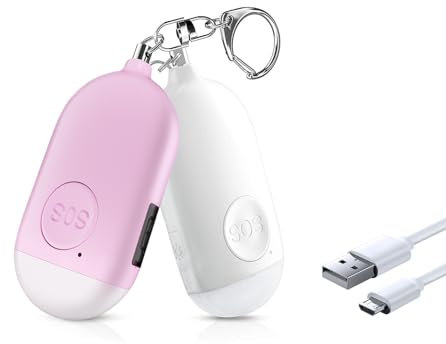 Safesound Personal Alarm, Rechargeable Self Defense Security Alarm Keychain 130dB Loud Protection Siren Rope Alarm Keyring with Flashlight for Women Elderly Walker Runner Dog White Pink