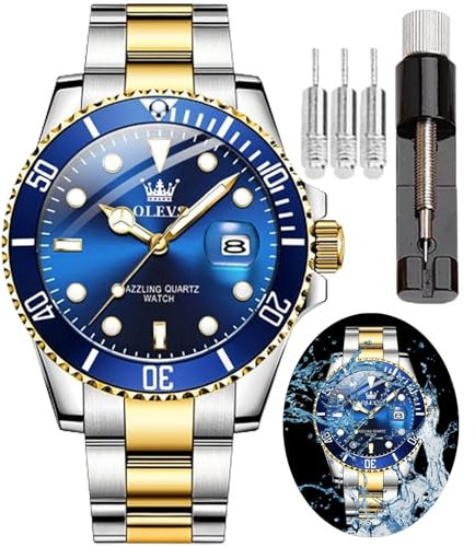OLEVS Armbanduhr für Herren, wasserdicht, blaues Zifferblatt, luxuriös, zweifarbig, Edelstahl-Armbanduhr mit Tagesdatum, modisch, klassisch, sportlich, Quarzuhr, Zifferblatt in Roséstahlblau, Armband