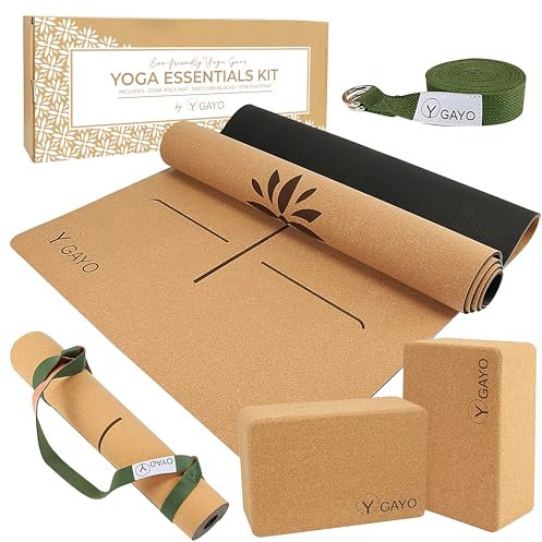 Gayo Yoga-Korkmatte und Nackenrolle, aus hochwertigem, umweltfreundlichem Kork, rutschfest für verbesserte Balance und Unterstützung bei Yoga- und Pilates-Praxis