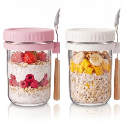 HomArtist Glass Overnight Oats Containers with Lids and Spoon, 16 oz Wide Mouth Mason Jars for Overnight Oats, Cereal, Yogurt, Salad Lunch Container with Measurement Marks - Pink&White 2 Pack