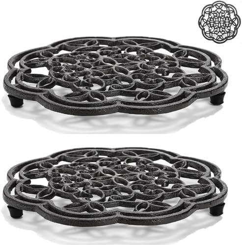 Yopay 2 Pack Cast Iron Trivet Heavy Duty, 7.7 inch Round Metal Trivet for Hot Pans, Rustproof Pot Stands Holders with Rubber Pegs for Countertop, Dining Table, Kitchen Farmhouse Decoration