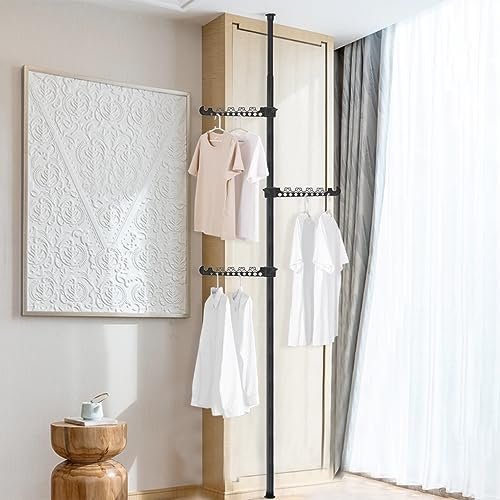 ARIIKON Teleskop Kleiderständer mit 3 Haken, Ausziehbare Kleiderstange ohne Bohren, Garderobenständer aus Metall, Höhenverstellbar von 110 bis 310 cm, für Schlafzimmer, Ankleidezimmer, Büro, Schwarz