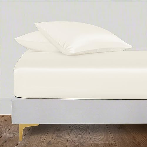 LINENWALAS Spannbettlaken aus 100 % Tencel-Lyocell, mit sicherer, eng anliegender Passform, rundum elastisch, 40 cm tiefes Spannbetttuch, weichste kühlende Eukalyptus-Seide-Bettwäsche (Elfenbein