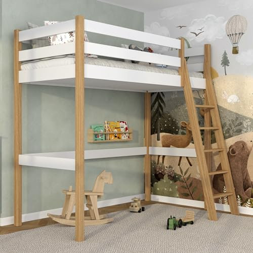 N-wood N03 Hochbett, Etagenbett 90x200 cm, aus Eichenholz, 2 Leitermontageseiten: Links oder rechts, sichere abgerundete Kanten, Stabile Massivholzkonstruktion, Hochwertige Materialien, Weißeiche