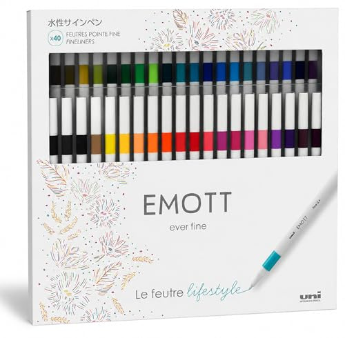 UNIBALL EMOTT, Coffret 40 Feutres Fins 0,4mm | Uni Mitsubishi Pencil - Encre pigmentée résistante, Tracé fin & régulier, Pointe ultra-résistante, Dessin, Journal, Coloriage