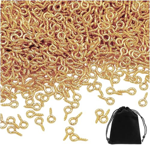 400 piccoli ganci a vite dorati, con 1 custodia nera, viti lunghe in acciaio inox, mini ganci dorati da stringere (5 x 10 mm).