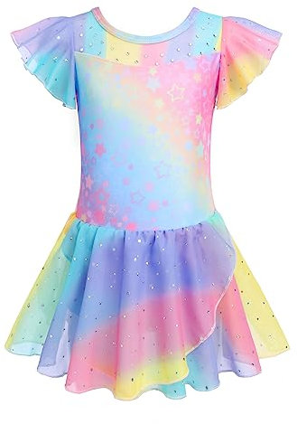 Arshiner Kinder Ballettkleidung Ballettkleid Mädchen Gerüschte Kurze Ärmel Masche Balletttrikot Ballettanzug Tanzkleid Tanzbody aus Baumwolle mit Chiffon Rock Tütü Muster 1/130