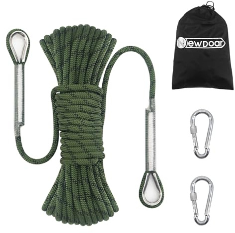NewDoar Corda da arrampicata statica da 14 kN, 8 mm, corda di fuga con 2 moschettoni, per attrezzatura da arrampicata su ghiaccio, corda di salvataggio antincendio, verde militare, 50 m