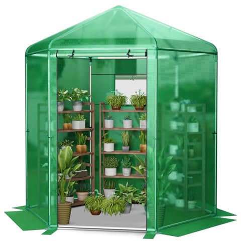 GiantexUK Walk In Greenhouse, Steel Frame Hexagon Growhouse with Waterproof PE Cover, Roll-up Mesh Window & Door, Outdoor Gardening Plants House Polytunnel for Patio Backyard (214x183x227cm)