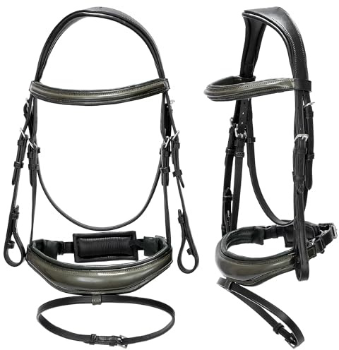 EQUESTRIAN QUEEN Trensenzaum aus Rindsleder – anatomisch gepolstert, kombinierter Nasenriemen – in Pony/Cob/Full, silberfarbene Beschläge - Ganymede (Schwarz, Cob (Vollblut))