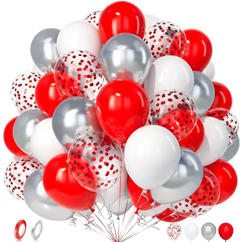 Unisun Luftballons Rot Weiß, 50 Stück Latex Ballons Metallic Silber Weiss Rot Konfetti Luftballon Mädchen Frauen Kind Geburtstag Jubiläum Hochzeit Verlobung Abschlussfeier Valentinstag Brautparty Deko