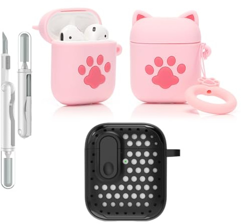 LEWOTE Custodia protettiva 3 in 1 compatibile con Apple AirPods (2a/1a generazione) custodia protettiva divertente con kit di pulizia e portachiavi (zampa di gatto rosa)
