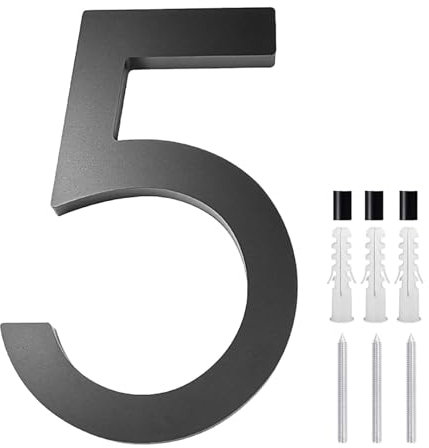 Numero civico 5 in lega di zinco nero da 12,7 cm per esterni, numeri civici moderni galleggianti (include kit chiodo)