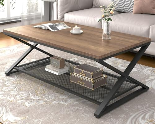 LVB Mesa auxiliar de madera, mesas centrales de madera de metal de 2 niveles con almacenamiento, mesa de cóctel industrial con estante para sala de estar, mesa central rectangular de granja para