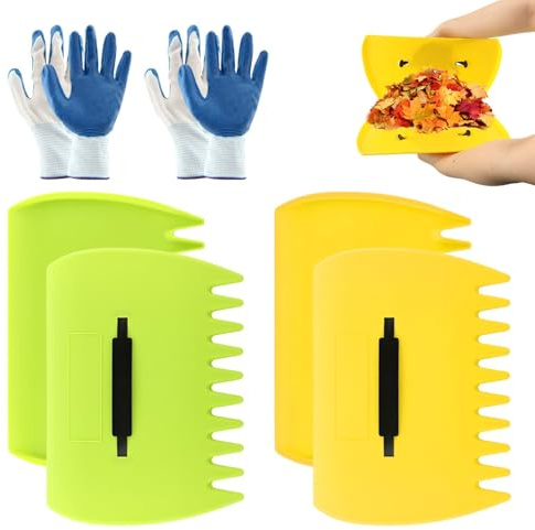 Set di 2 palette per foglie, rastrello, paletta e artigli con 2 paia di guanti, rastrelli in plastica leggera per raccogliere foglie, rifiuti da giardino, cortile (giallo + verde)