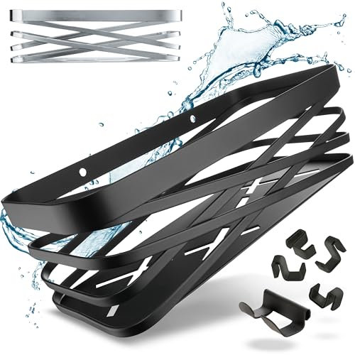 HOMELYN Duschablage ohne Bohren I Edelstahl I Modernes schwarzes Design I B22 x T10 x H7 cm I Klebepad-Befestigung, extrem hohe Tragkraft, sicherer Halt I Mit 5 Haken inkl. Rasiererhaken