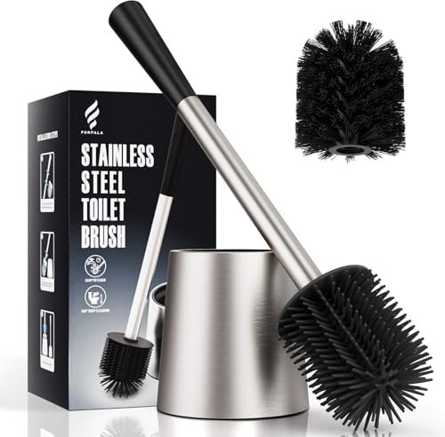 Scopino WC, FUNPALA Scopino Bagno WC in Silicone, Portascopino in Acciaio Inox con 2 Testine, Set di Scopettino Bagno