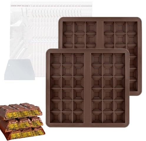 Silicone Chocolate Mould, Pack of 2 Silicone Mould Chocolate with Scraper and 100 Packaging Bags, Silicone Chocolate Mould Deep, Chocolate Silicone Mould for DIY Chocolate Praline Sweets (A)