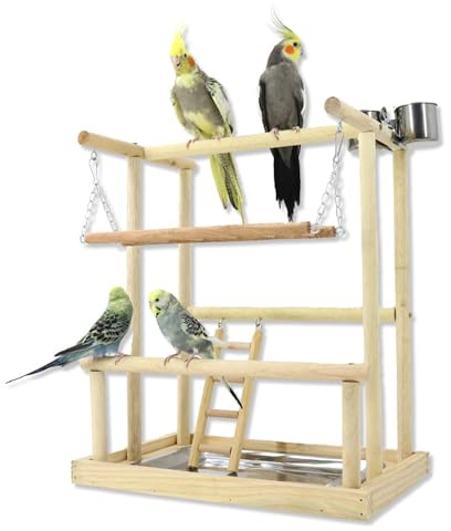 WishesMar Parque de Juegos para Pájaros Gimnasio para Aves Stand Área de Juego con Soporte Perchas Columpio Escalera Bandeja para Agapornis, Loros, Madera, Tamaño 40x26x45.5 CM