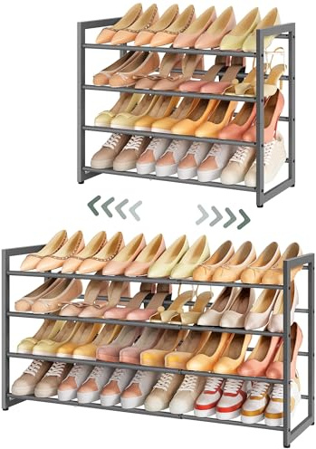 FAVOOSTY 4 Ebenen Schuhregal Metall Ausziehbar Grau, Verstellbar Platzsparend, Robustes Schuhständer für Eingangsbereich, Schlafzimmer