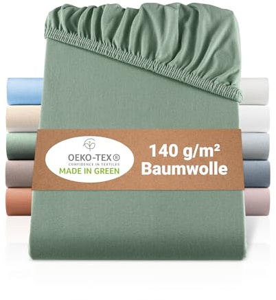 BaSaTex Bio Jersey Spannbettlaken, 140x200-160x200 cm, Salbei | 100% Bio Baumwolle, GOTS-Zertifiziert, Rundumgummizug, 140gsm