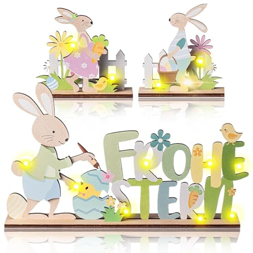 TZQFROCE 3 Stück Osterhase Deko aus Holz Ostern Hase Deko Deko Aufsteller für Ostern Frohe Osterhase Holz Deko Aufsteller mit Schriftzug Ostern für Osterdeko Tischdeko Frühling