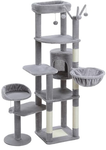 PETEPELA Árbol Rascador Alto de 150 cm para Gatos Grandes con Hamaca, Torre Multinivel y 2 Columnas