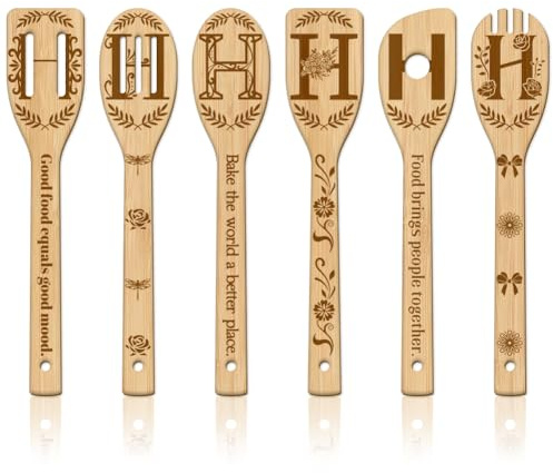GLOBLELAND 6 Pièces Floral Lettre H Ustensiles de Cuisine en Bambou Cuillères en Bois Gravées Spatule à Motif de Fleurs Ensemble de Cuillère de Cuisine en Bois pour Mère l'amie Femmes Cadeau