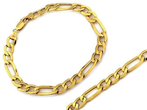 Sapphir 14 Karat Gold Armband Herren 5.30 mm Bracele Massiv Figarokette - Gelbgold Armkette mit Karabinerverschluss - Figaroarmband Echtgold 20 cm - Italienisch Flach Unisex - inkl Zwei Luxusgeschen