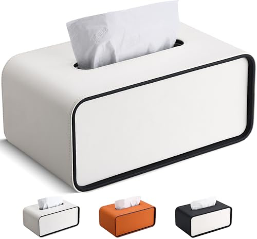 GORESE Taschentuchbox,Leder Rechteckige Kosmetiktücherbox Papiertaschentuchhalter Taschentuchspender Tücherbox Tissue Box für Büro, Zuhause, Auto, Badezimmer(Weiß)