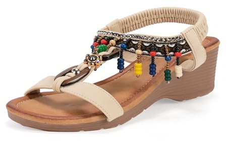 JOMIX Sandale Femme Compensé avec Élastique Chaussures été avec Frange pour Plage et Mer (Beige,37)