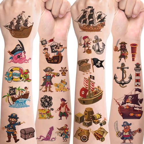 Piraten Tattoos für Kinder,10 Blätter Kindertattoos Hautfreundlich Set Temporäre Tattoos zum Aufkleben,Mitgebsel Kindergeburtstag Geschenke Party Deko Piraten Kinder Tattoo Jungen
