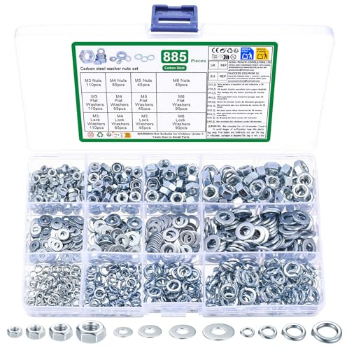 885 tuercas M3 M4 M5 M6 & arandelas Metalicas de Resorte en Espiral Set: 265 tuercas Hexagonales,310 Arandelas Planas,310 Arandelas de Espira, Tuercas para Tornillos Pernos(M3 M4 M5 M6)