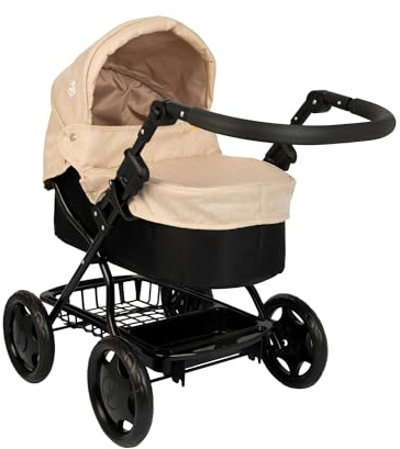 Joie Junior Cherish Dolls Pram | Stone & Black, Adjustable Handle & Hood, Fold Flat Design, Includes Matching Changing Bag, Removable Apron & Under Seat Storage | Toy Pram for Kids Role Play | 3+