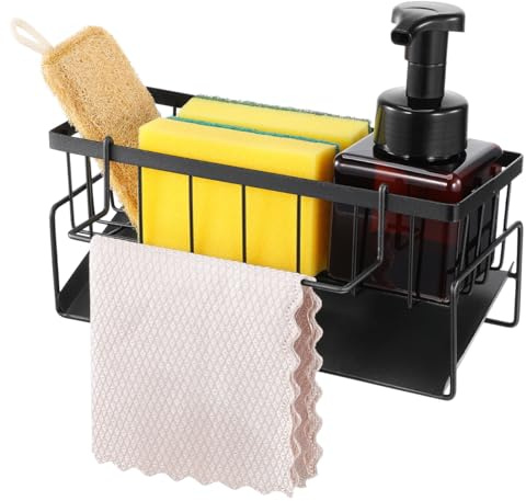 Tofficu Kitchen Sink Organizer Carbon Steel Sponge Holder with Draining Tray Compact Kitchen Storage Rack for Soap Brush Dishcloth Space-Saving Sink Caddy for and Bathroom